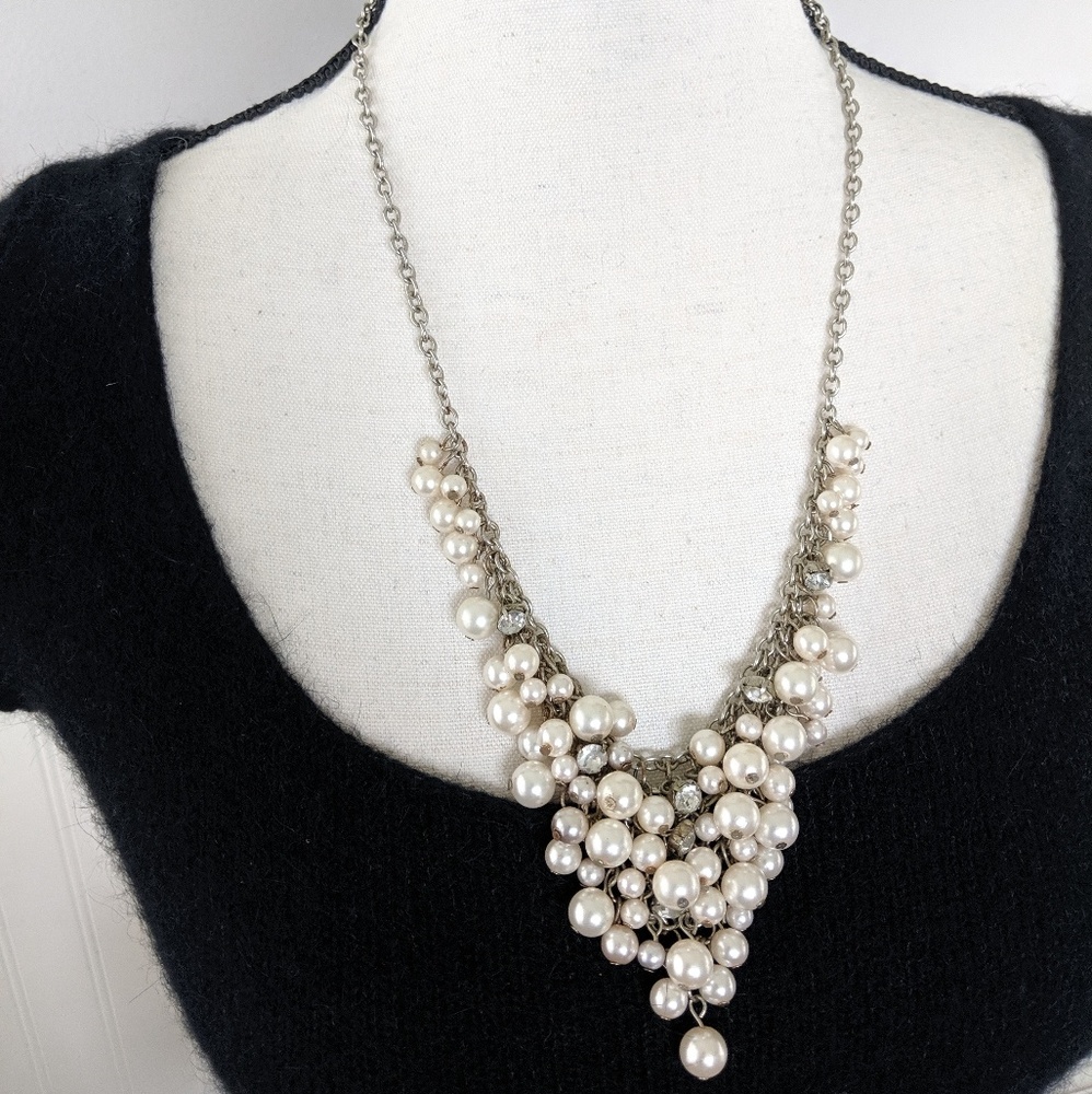 Layered pearl, rhinestone silver necklace